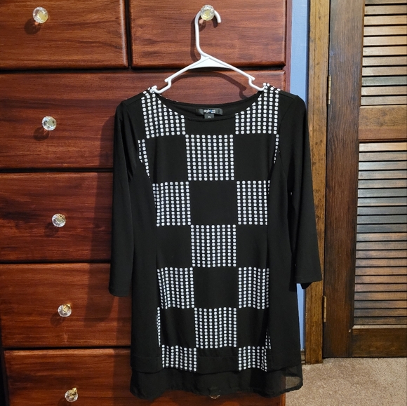 Style&co. Petite Black White Checker Blouse Slik Top Women's Size PS Small - Picture 1 of 4